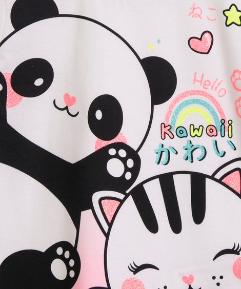 camiseta infantil manga curta panda e gato glitter  off white