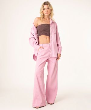 calça pantalona veludo cotelê cintura baixa rosa claro