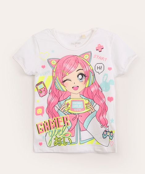 camiseta infantil manga curta gamer glitter  off white