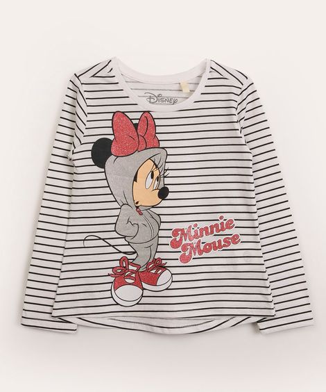 camiseta infantil manga longa listrada minnie mouse off white