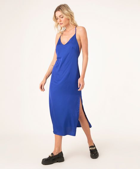 vestido slip dress midi de cetim com fenda azul