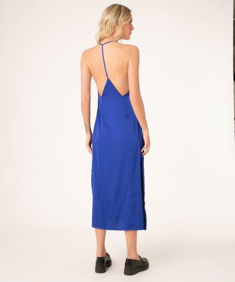 vestido slip dress midi de cetim com fenda azul
