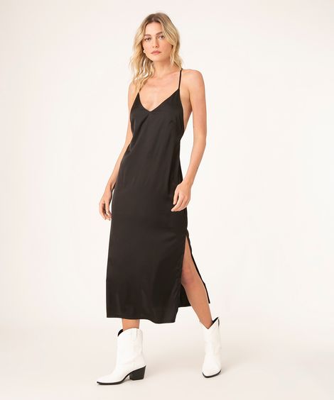 vestido slip dress midi de cetim com fenda preto