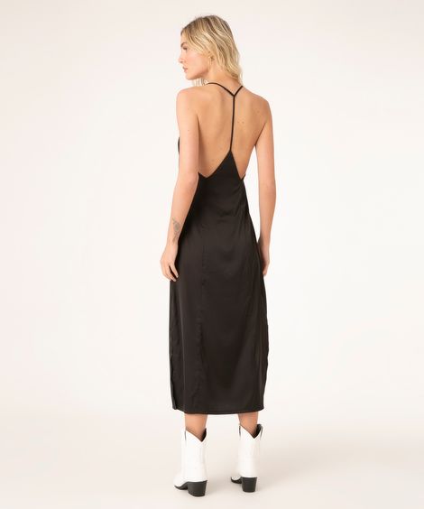 vestido slip dress midi de cetim com fenda preto
