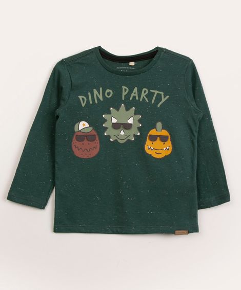 camiseta infantil manga longa dino party verde militar