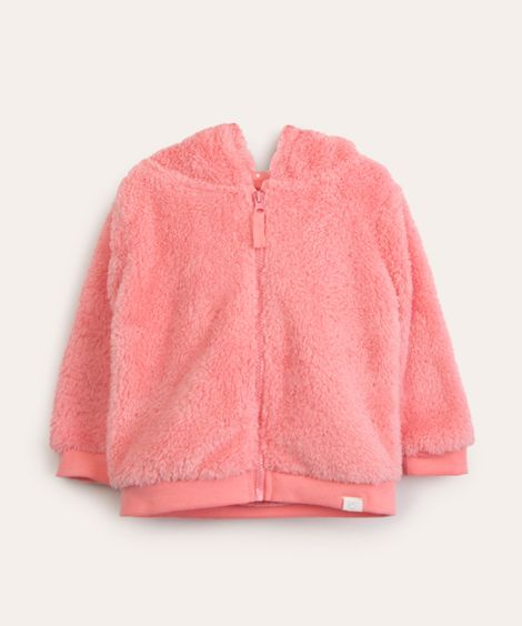 jaqueta infantil de pelo com capuz e orelhinhas rosa