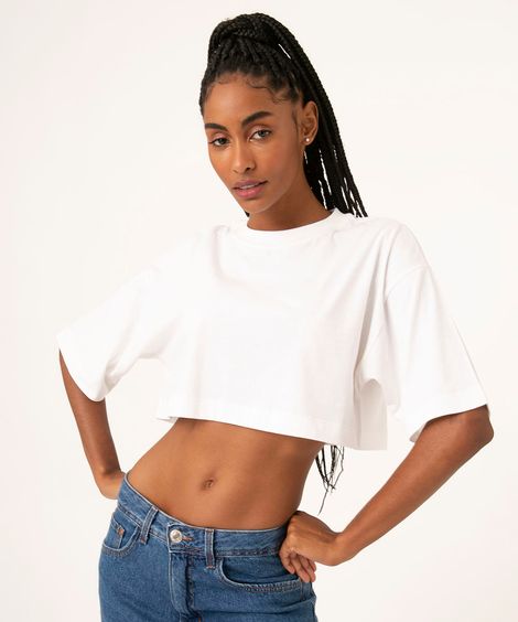 camiseta cropped de algodão manga curta decote redondo off white