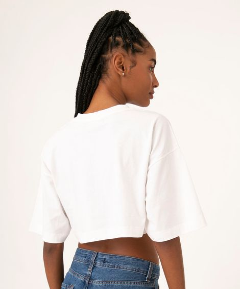 camiseta cropped de algodão manga curta decote redondo off white