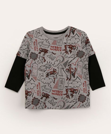camiseta infantil manga longa com efeito de sobreposição homem-aranha cinza mescla