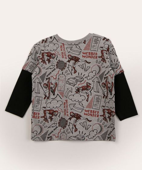 camiseta infantil manga longa com efeito de sobreposição homem-aranha cinza mescla