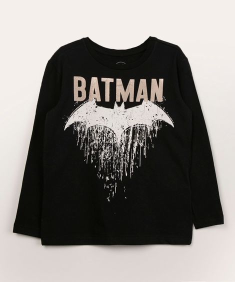 camiseta infantil de algodão manga longa batman preta