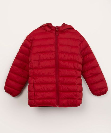 jaqueta infantil puff com capuz e bolso vermelho escuro