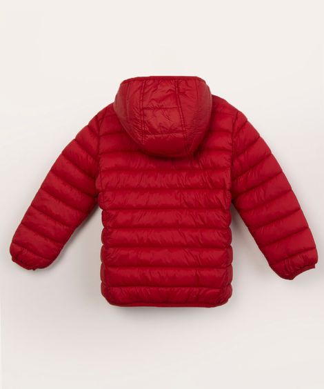 jaqueta infantil puff com capuz e bolso vermelho escuro