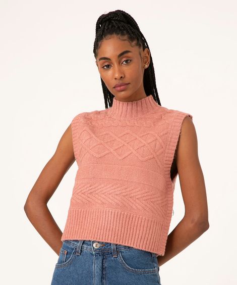 colete de tricô trançado rosa