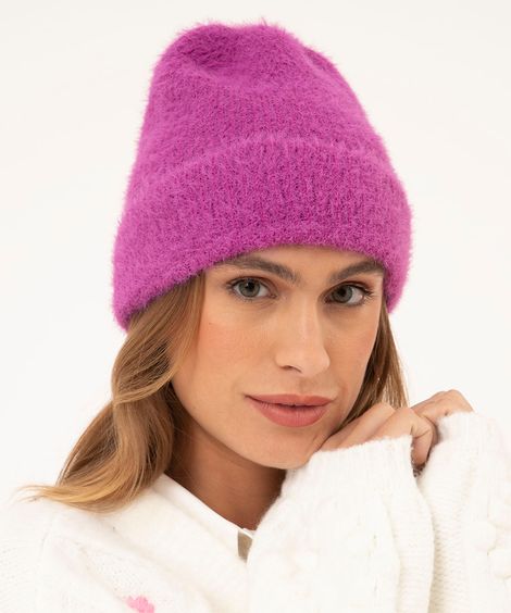 gorro de tricô pelinho rosa
