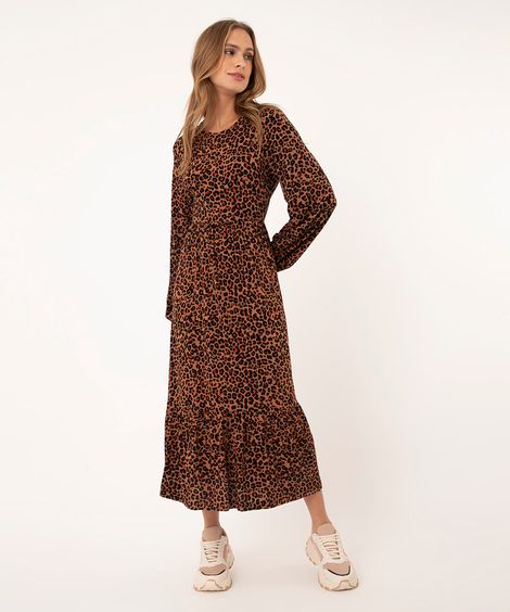 vestido midi manga longa animal print marrom