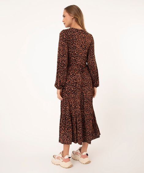 vestido midi manga longa animal print marrom