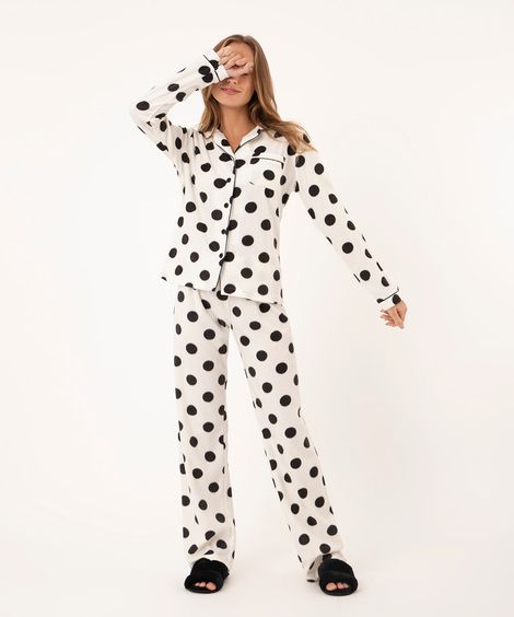 pijama americano de fleece poá off white