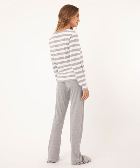pijama manga longa + calça listrado cinza mescla
