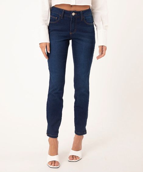calça super skinny jeans cintura média com zíper azul escuro