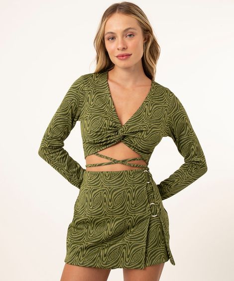 blusa cropped psicodélica com lurex manga longa verde médio