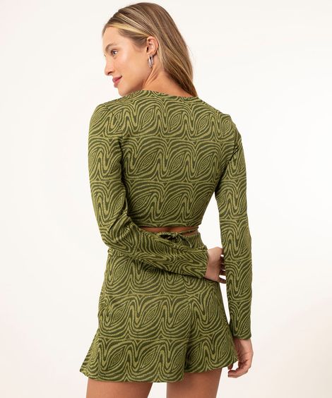 blusa cropped psicodélica com lurex manga longa verde médio