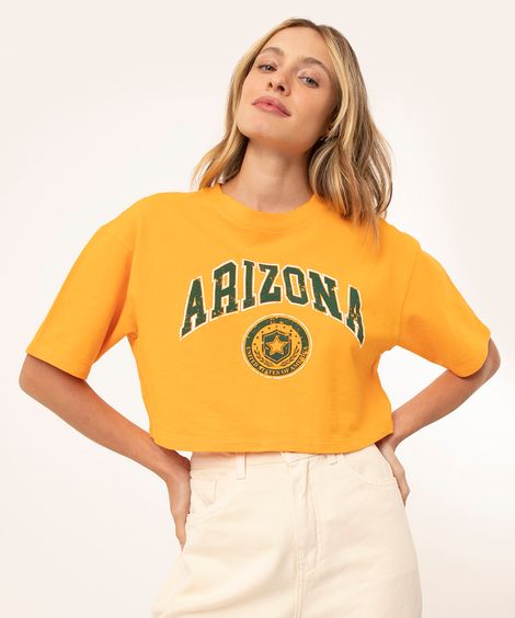 camiseta cropped de moletinho manga curta college laranja