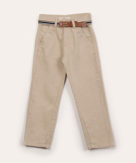 calça slim infantil de sarja com cinto areia