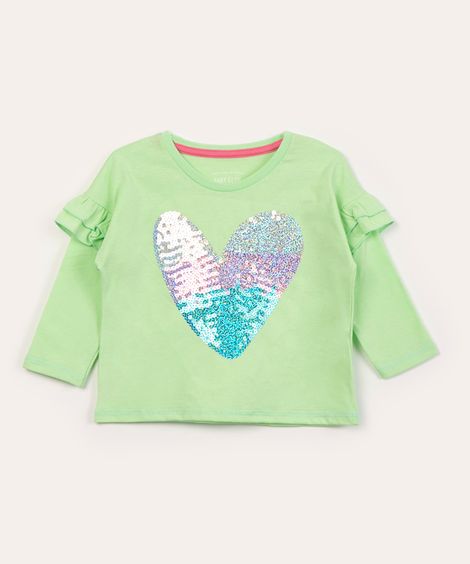 blusa infantil com babados coração paetê verde
