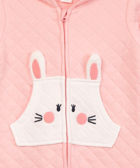 macacão infantil matelassê coelho com capuz rosa claro