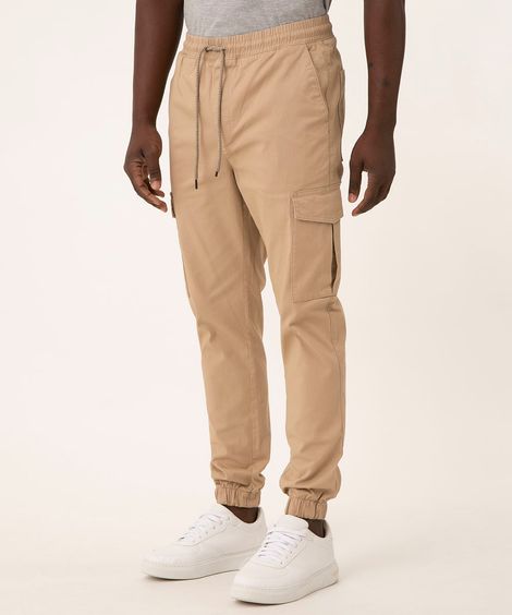 calça jogger cargo de sarja com cordão bege