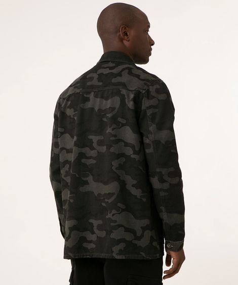 camisa overshirt de sarja camuflada manga longa verde militar