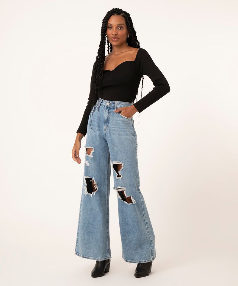 Calça Jeans Wide Leg Feminina Pantalona Destroyed Cintura Alta Azul Escuro  Tamanho 36 - Cor UNICA