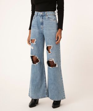 calça jeans feminina wide pantalona cintura super alta destroyed azul claro