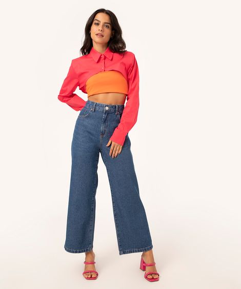 calça wide leg cropped jeans cintura baixa azul médio