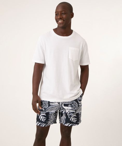 Short Estampado Folhagem com Cordão Azul Marinho