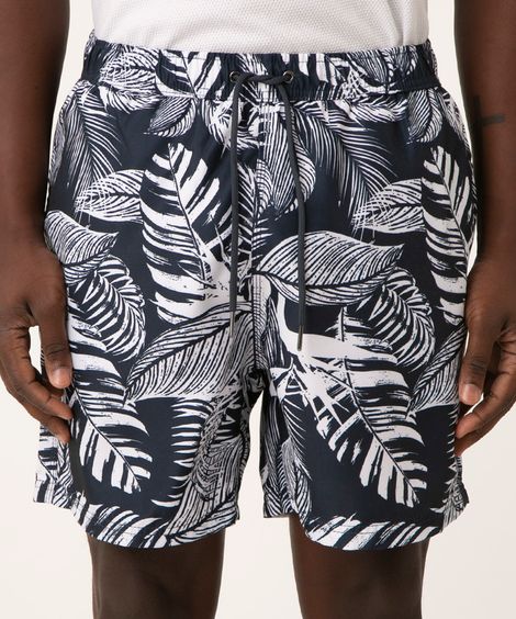 Short Estampado Folhagem com Cordão Azul Marinho