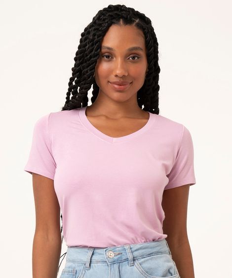 Camiseta Feminina Básica Manga Curta Decote V Lilás