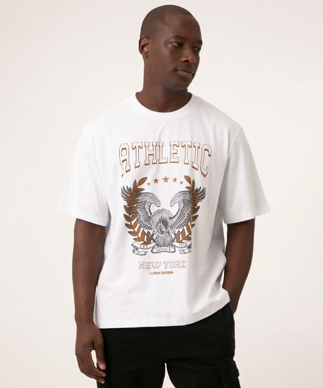 camiseta oversized de algodão manga curta college branca