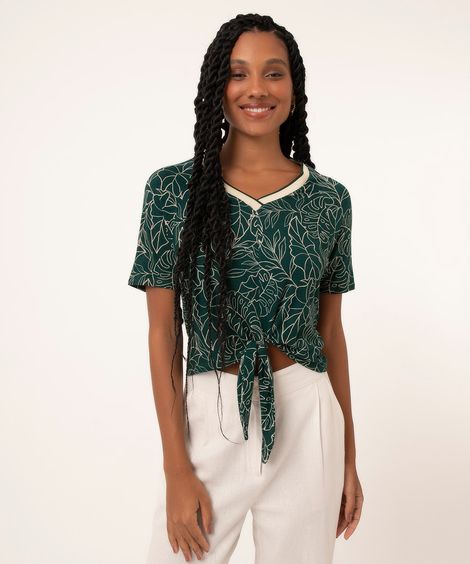 blusa decote v com amarração folhagem  verde