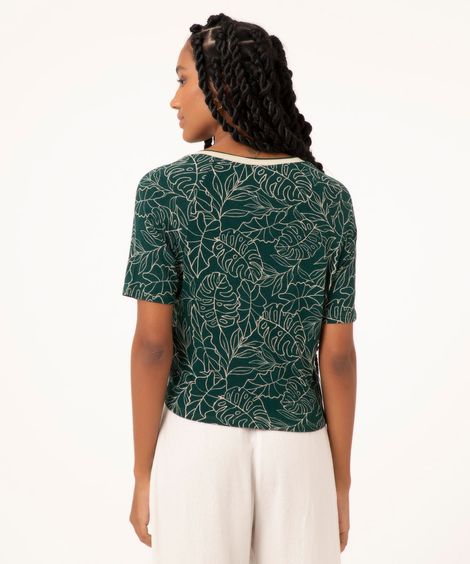 blusa decote v com amarração folhagem  verde
