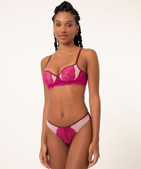 calcinha em renda fio dental recorte tule rosa