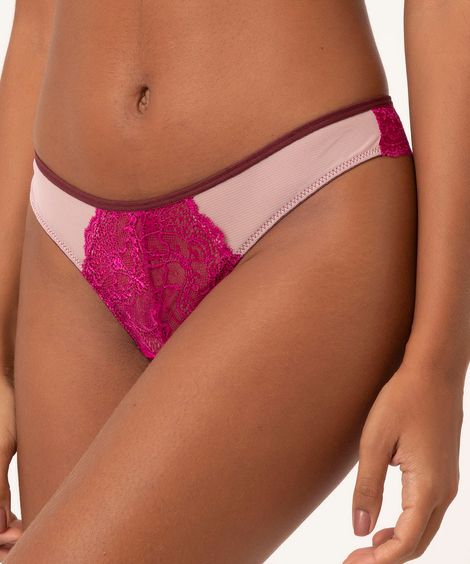 calcinha em renda fio dental recorte tule rosa