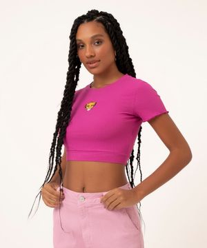 blusa cropped manga curta bordado simba pink