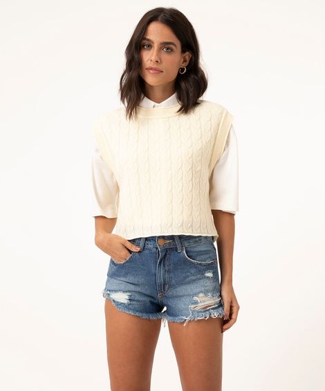 short jeans cintura alta destroyed azul escuro