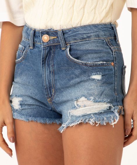 short jeans cintura alta destroyed azul escuro