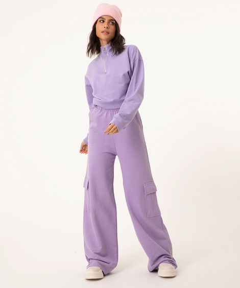 calça wide leg cargo de moletom roxo médio