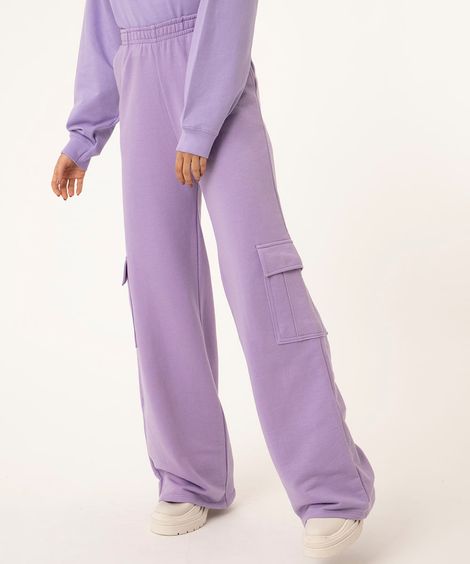 calça wide leg cargo de moletom roxo médio