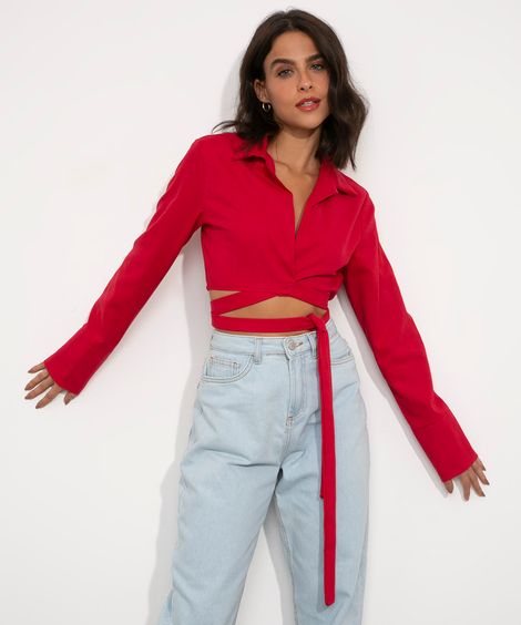 Camisa Cropped Transpassada com Amarração Manga Longa Mindset  vermelha