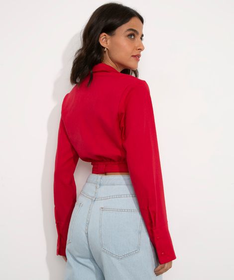 Camisa Cropped Transpassada com Amarração Manga Longa Mindset  vermelha